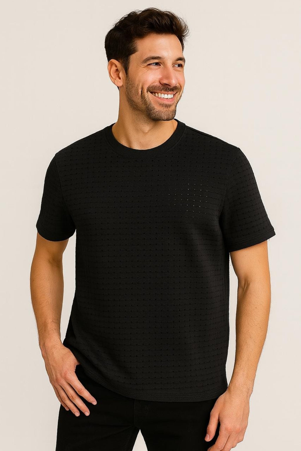 Zonke Designer Tiny Patterned Hole Textured T-shirt - Black
