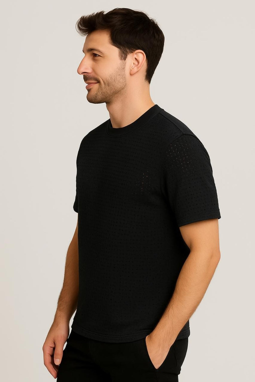 Zonke Designer Tiny Patterned Hole Textured T-shirt - Black