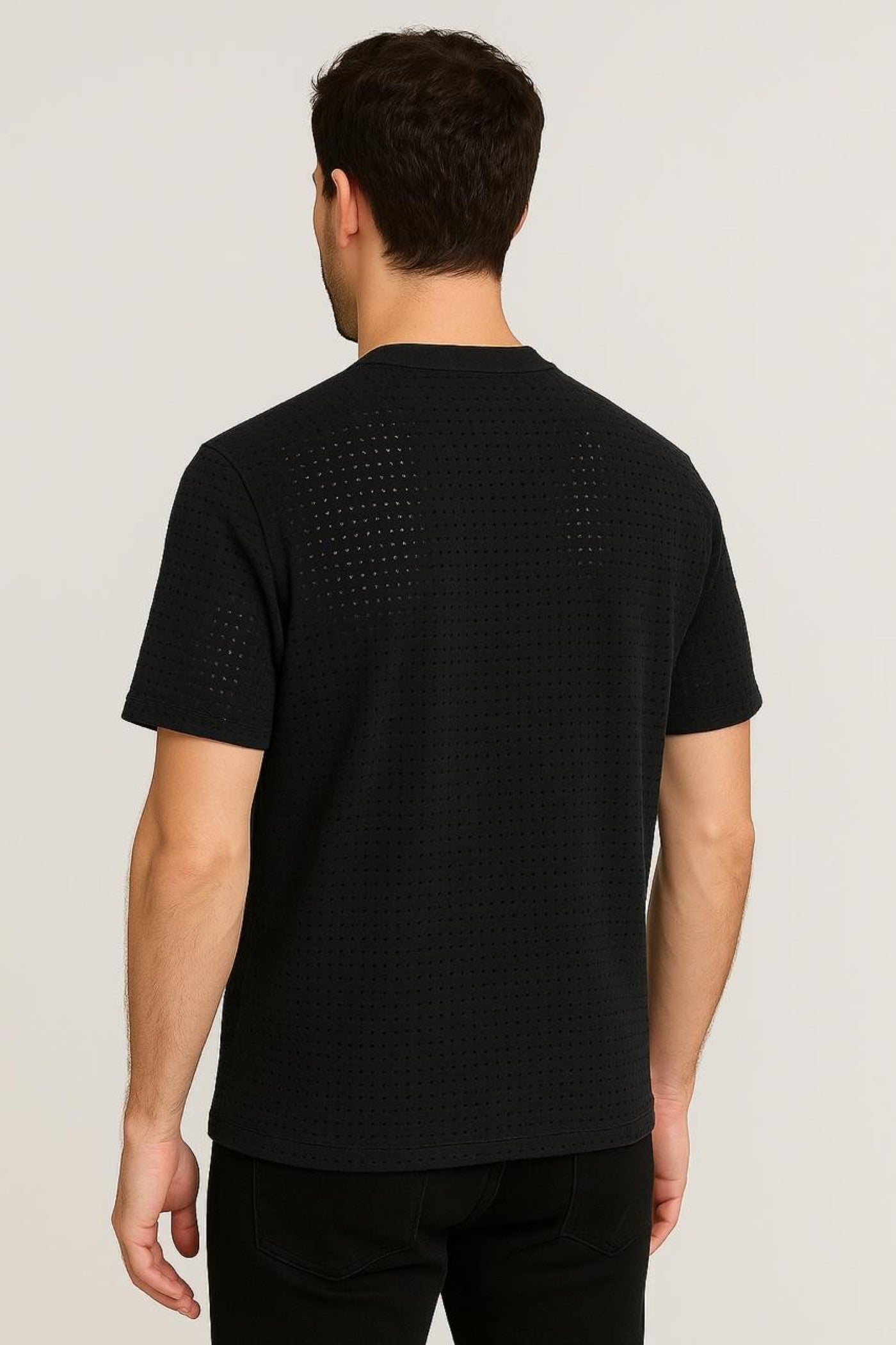 Zonke Designer Tiny Patterned Hole Textured T-shirt - Black