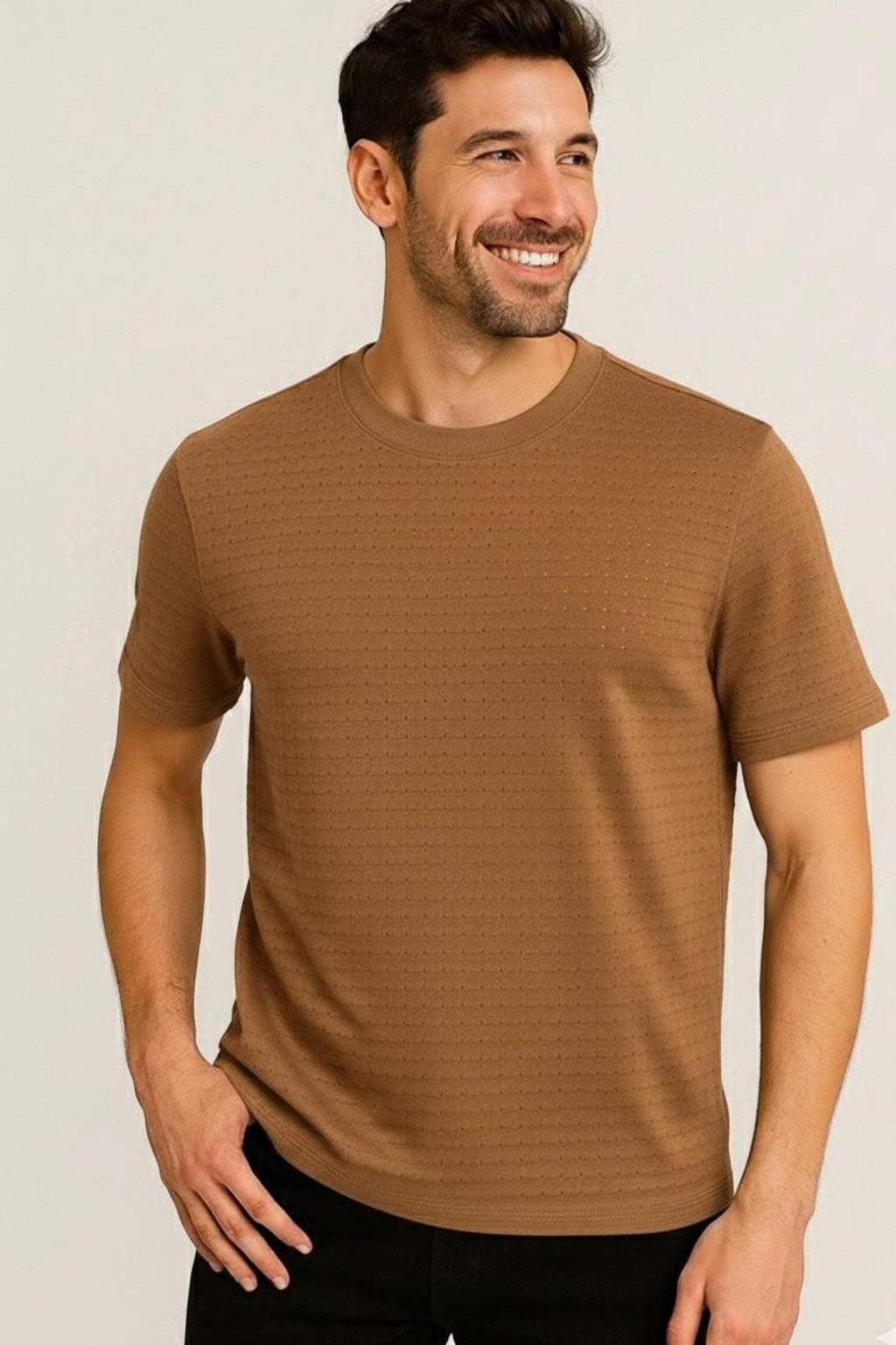 Zonke Designer Tiny Patterned Hole Textured T-shirt - Brown