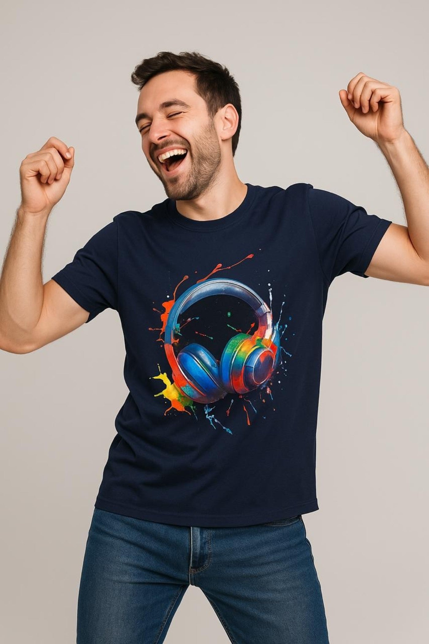 Navy Blue Graphic T-Shirt – Headphone Splash Print
