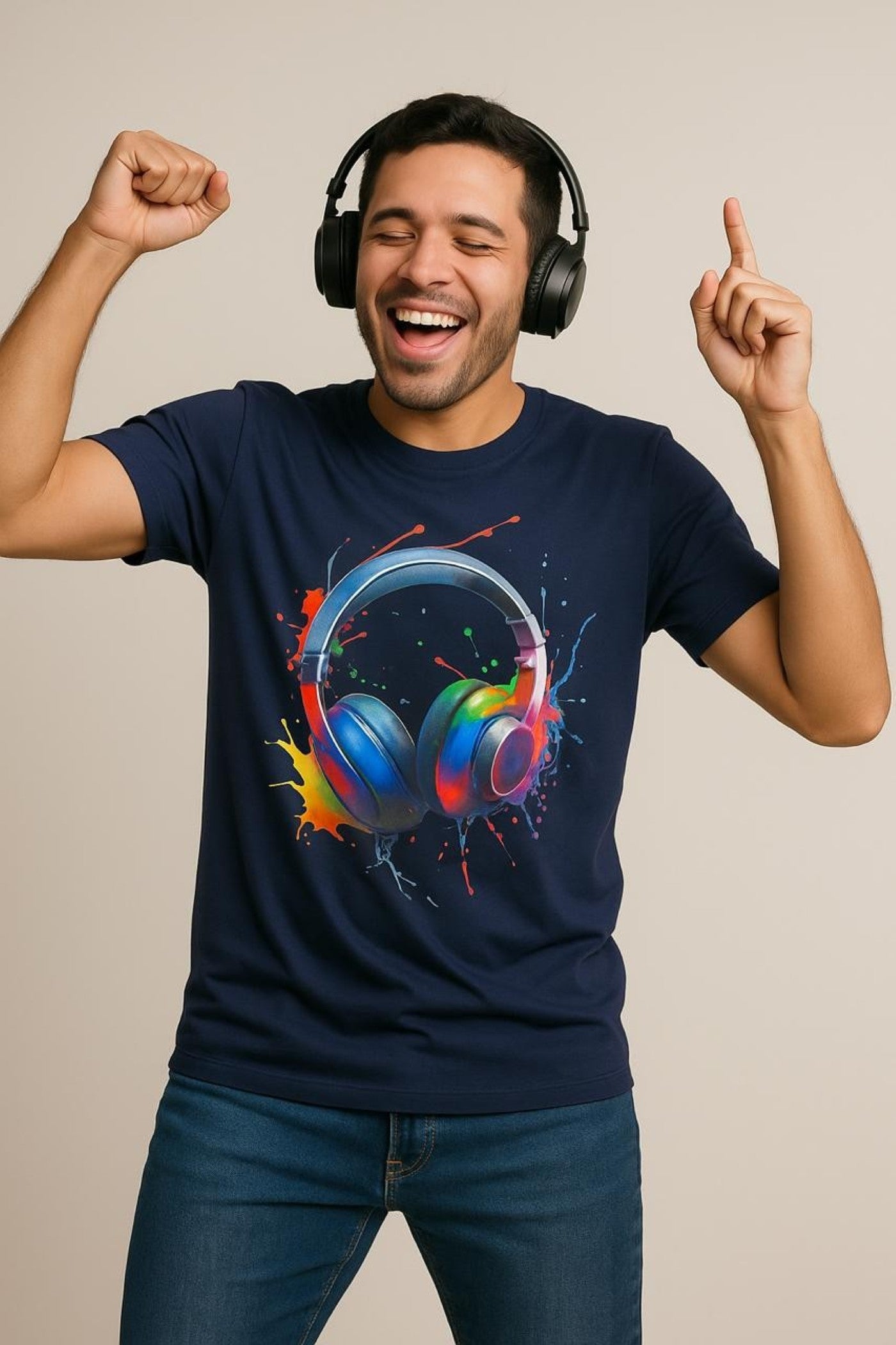 Navy Blue Graphic T-Shirt – Headphone Splash Print