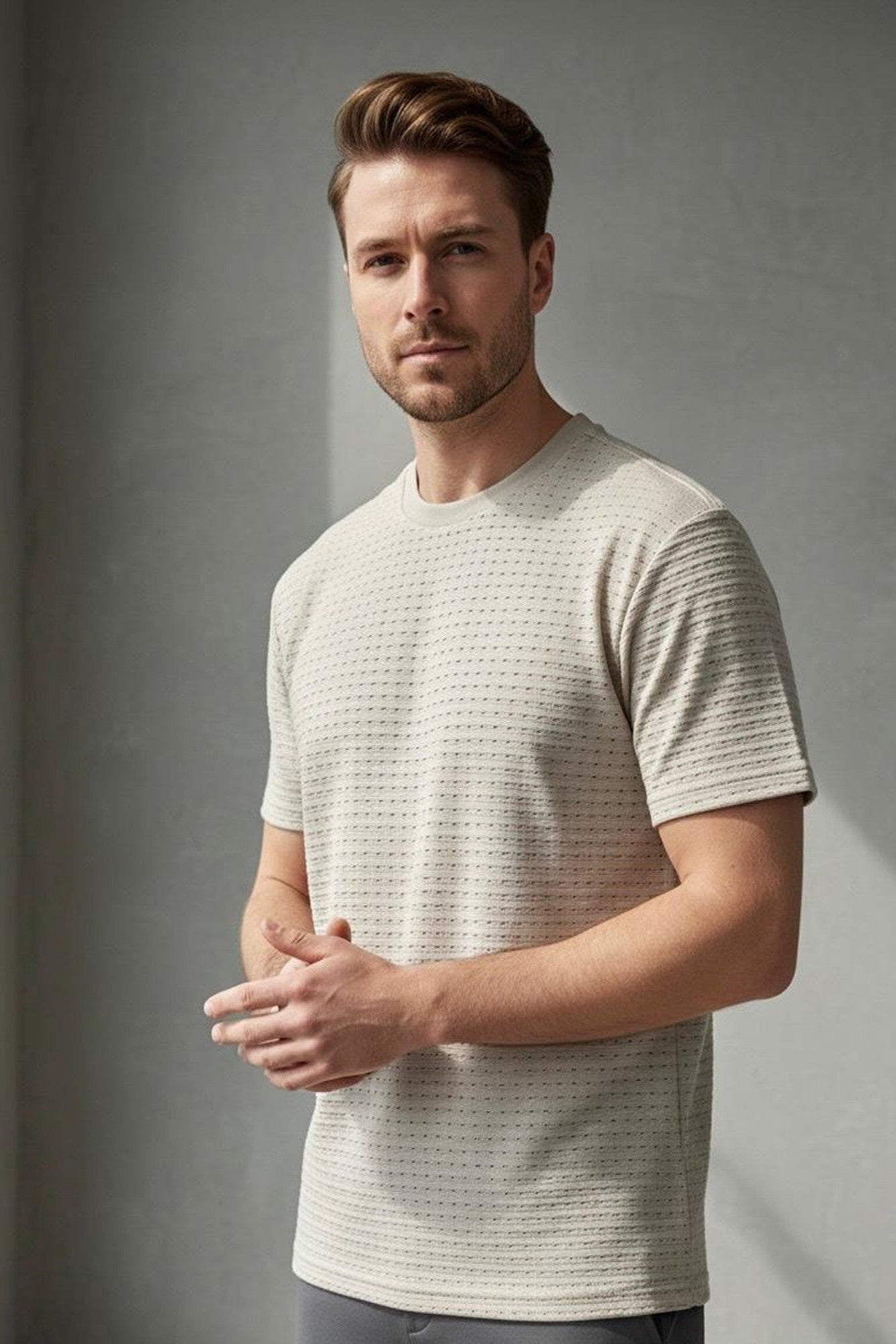 Zonke Designer Tiny Patterned Hole Textured T-shirt - Beige