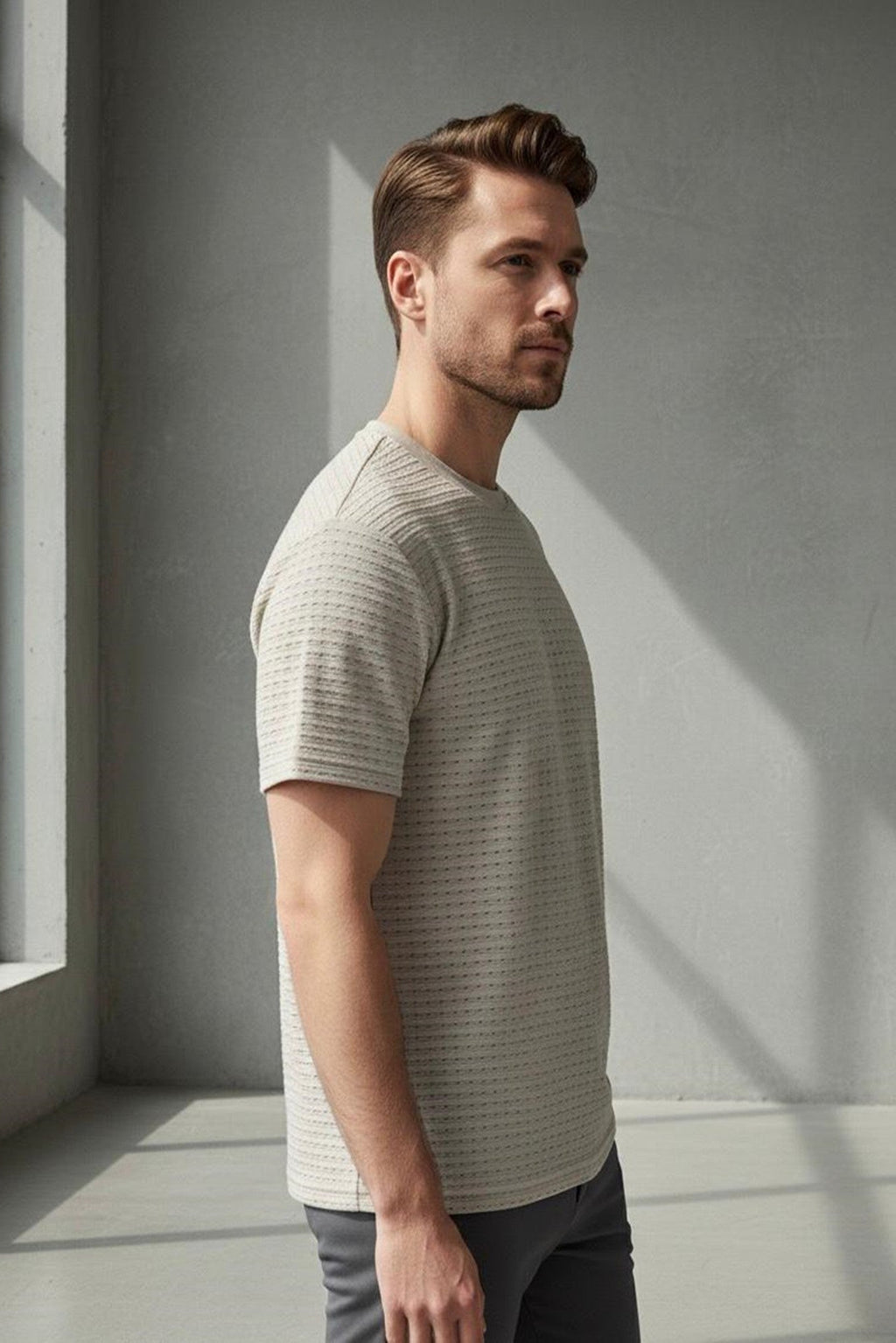 Zonke Designer Tiny Patterned Hole Textured T-shirt - Beige